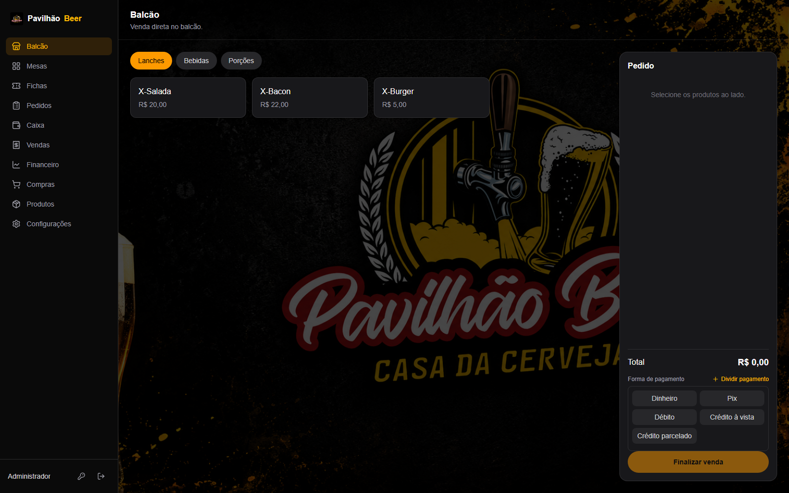 Tela de Balcão do PDV Pavilhão Beer